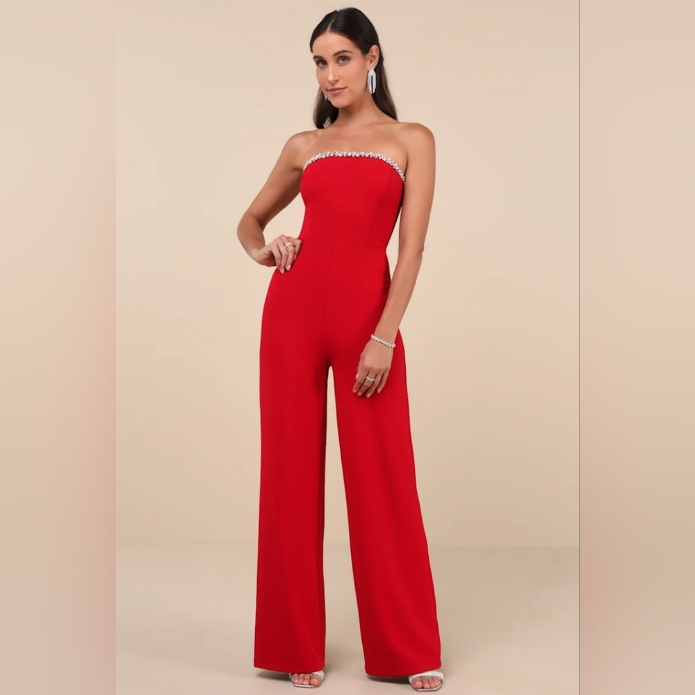 Lulus Lavish Muse Red Rhinestone Strapless Jumpsuit S Wedding Party Prom Evening - Picture 2 of 10